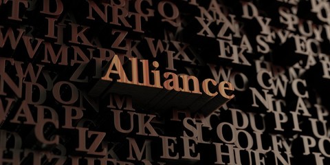 Alliance - Wooden 3D rendered letters/message.  Can be used for an online banner ad or a print postcard.
