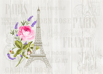 Eiffel tower icon with spring blooming flowers over gray wooden pattern. Vector illustration.