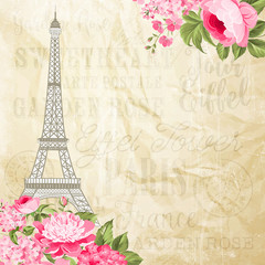 Fototapeta na wymiar Eiffel tower simbol with spring blooming flowers over old paper text pattern with sign Paris souvenir. Vector illustration.