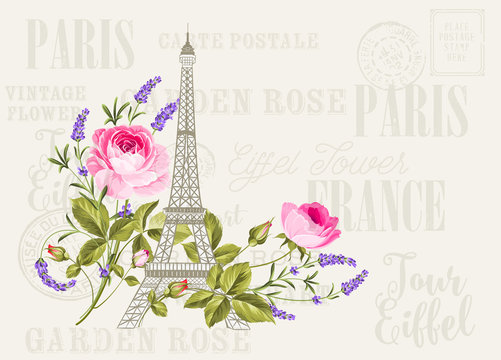 Eiffel tower simbol with spring blooming flowers over gray text pattern with sign Paris souvenir. Vector illustration.
