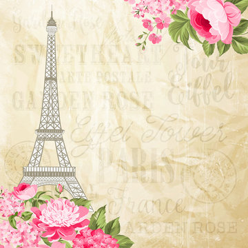 Eiffel tower simbol with spring blooming flowers over old paper text pattern with sign Paris souvenir. Vector illustration.
