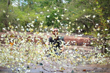 Man sitting in the middle of Swarms of butterflies ,Pang Sida National Park at Thailand