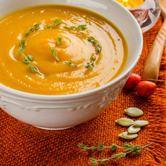 Pumpkin soup. Autumn still-life.