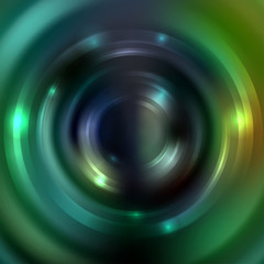 Abstract background with luminous swirling backdrop. Vector infinite round tunnel of shining flares. Dark green colors