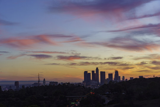 Beautiful Los Angeles downtown sunset view
