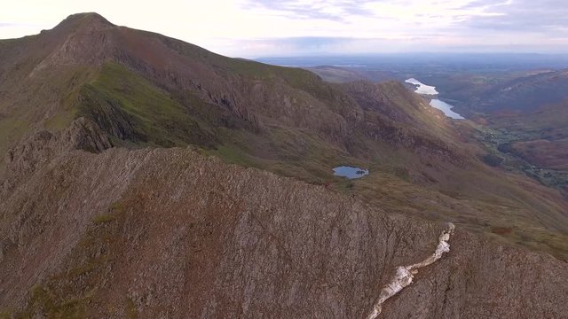 Long aerial reveal over Crib Goch, Snowdonia.