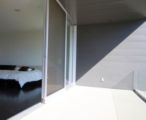 Interior of white and gray cozy bedroom