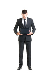 Young and confident businessman on white