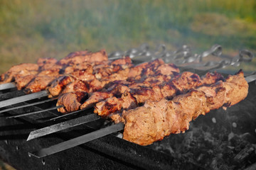 Meat pieces on skewer roasting in brazier