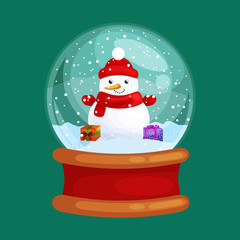 christmas snowman holding present in globe glass for xmas, winter holiday decoration, white snowman in hat and scarf for celebration new year vector illustration