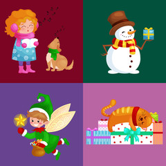 illustrations set Merry Christmas Happy new year, girl sing holiday songs with pets, snowman gifts, cat and dog enjoy presents, elf flies using the wings magic wand star vector