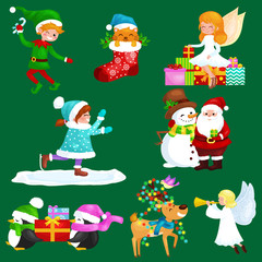 Santa Claus snowman hats, children enjoy winter holidays, elf with sweets and angel wings pipe gifts, Cat in sock, girl skating ice, penguins stack of presents, deer decorated his antlers with lights