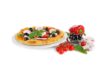 Tasty pizza with mushrooms, branch of cherry tomatoes and olives on white background