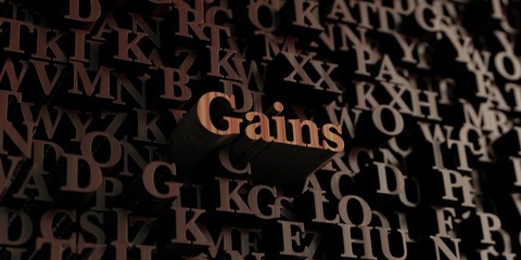 Gains - Wooden 3D rendered letters/message.  Can be used for an online banner ad or a print postcard.