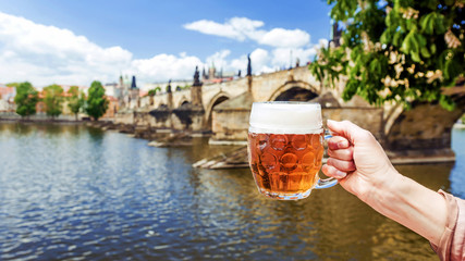 hand with a mug of the Czech beer against the background of Char