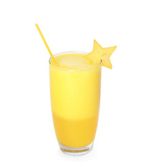 Carambola smoothie on white background