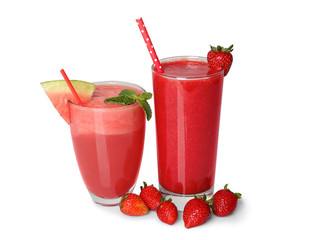 Strawberry and watermelon smoothies on white background