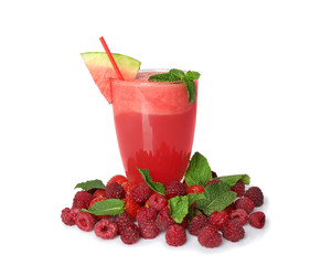 Watermelon smoothie and berries on white background