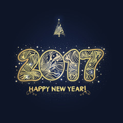 2017. Happy New Year background. The gold figures with a decorative ornament. Christmas design. Hand drawn text. Vector illustration