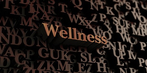 Wellness - Wooden 3D rendered letters/message.  Can be used for an online banner ad or a print postcard.
