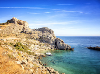 The ancient Acropolis of Lindos on the shores of the Aegean Sea.