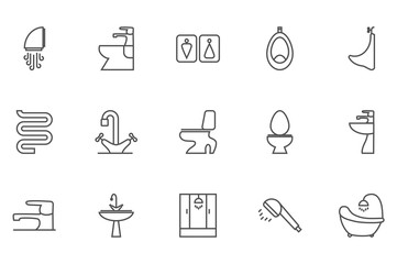 Sanitary engineering vector thin line related icon set for web and mobile applications. It can be used as - logo, pictogram, icon, infographic element. Editable Stroke. 64x64 Pixel.