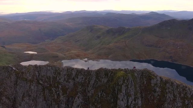 Aerial view of two climbers on Crib Goch, Snowdonia.