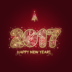 2017. Happy New Year background. The gold figures with a decorative ornament. Christmas design. Hand drawn text. Vector illustration