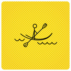 Kayaking on waves icon. Rafting or canoeing.
