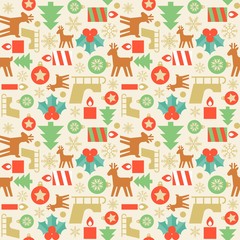 Seamless pattern wallpaper of christmas tree, candle christmas reindeer, sleigh, snowflake, christmas ball, , design for greeting card, wrapping paper gift, backdrop in retro style