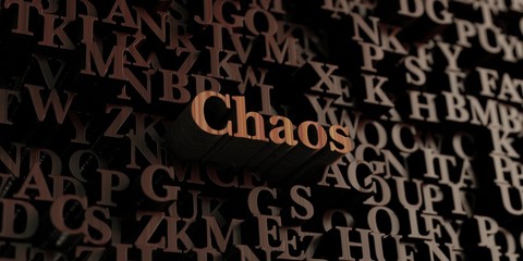 Chaos - Wooden 3D rendered letters/message.  Can be used for an online banner ad or a print postcard.