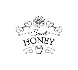 Small glass jar and flower. Sweet honey label, logo, badge. Eco product. Vintage vector