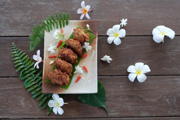 Fried  minced pork  ball on white  plate