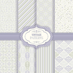 Set of 8 seamless background of green and violet color in the style of vintage