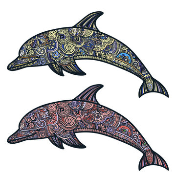 Hand drawn doodle dolphin zen tangle style beautiful doodles. illustration of sea animals