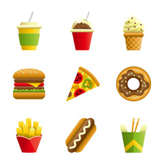 Fast food vector cartoon icon set. Fast food hamburger, cola, ice cream, pizza, donut, hot dog, noodles, french fries. Tasty fast food unhealthy meal. Isolated dishes on white background.