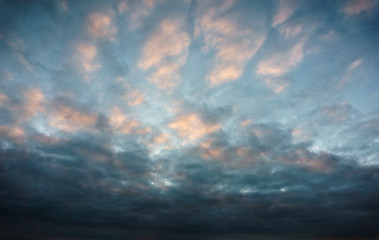 background, pattern of blue sky feather clouds, sunset with reflection on clouds