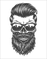 Monochrome illustration of skull with beard, mustache, hipster haircut and sunglasses with big city reflection. Isolated on white background