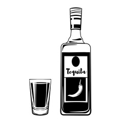 Glass and bottle of tequila, Vintage vector Elements
