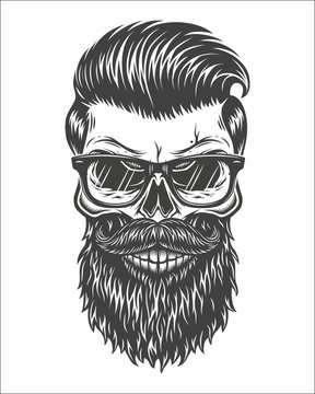 Monochrome illustration of skull with beard, mustache, hipster haircut and glasses with transparent lenses. Isolated on white background