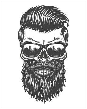 Monochrome illustration of skull with beard, mustache, hipster haircut and sunglasses with big city reflection. Isolated on white background