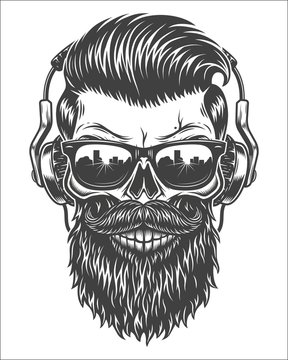 Monochrome illustration of skull with beard, mustache, hipster haircut, sunglasses with big city reflection and headphones. Isolated on white background