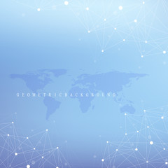 Graphic abstract background communication. Big data complex with compounds. Perspective backdrop with World Map. Minimal array Big data. Digital data visualization. Scientific vector illustration.