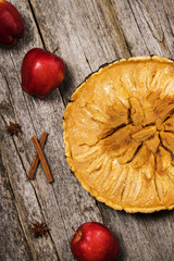 Homemade apple tart with honey and lemon filling on rough wooden background with apples and cinnamon sticks. Selective focus 