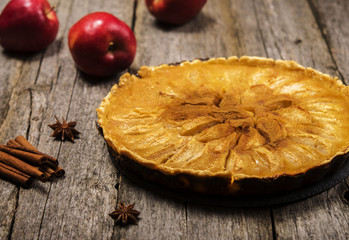 Homemade apple tart with honey and lemon filling on rough wooden background with apples and cinnamon sticks. Selective focus 