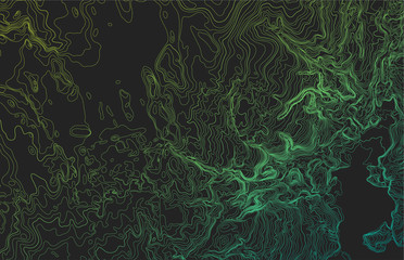 Abstract conceptual elevation map. Imaginary topographic map, background concept. Fictional contour map. Vector illustration in dark tones