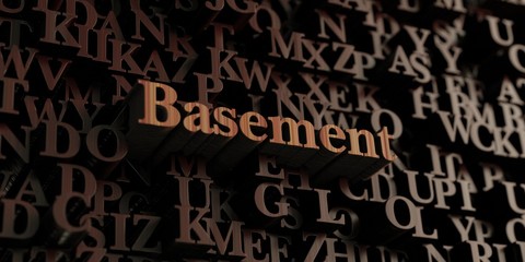 Basement - Wooden 3D rendered letters/message.  Can be used for an online banner ad or a print postcard.