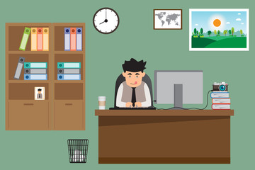 business man working on his desk that have coffee cup on desk. v