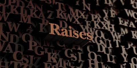 Raises - Wooden 3D rendered letters/message.  Can be used for an online banner ad or a print postcard.