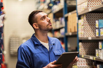 auto mechanic or smith with tablet pc at workshop